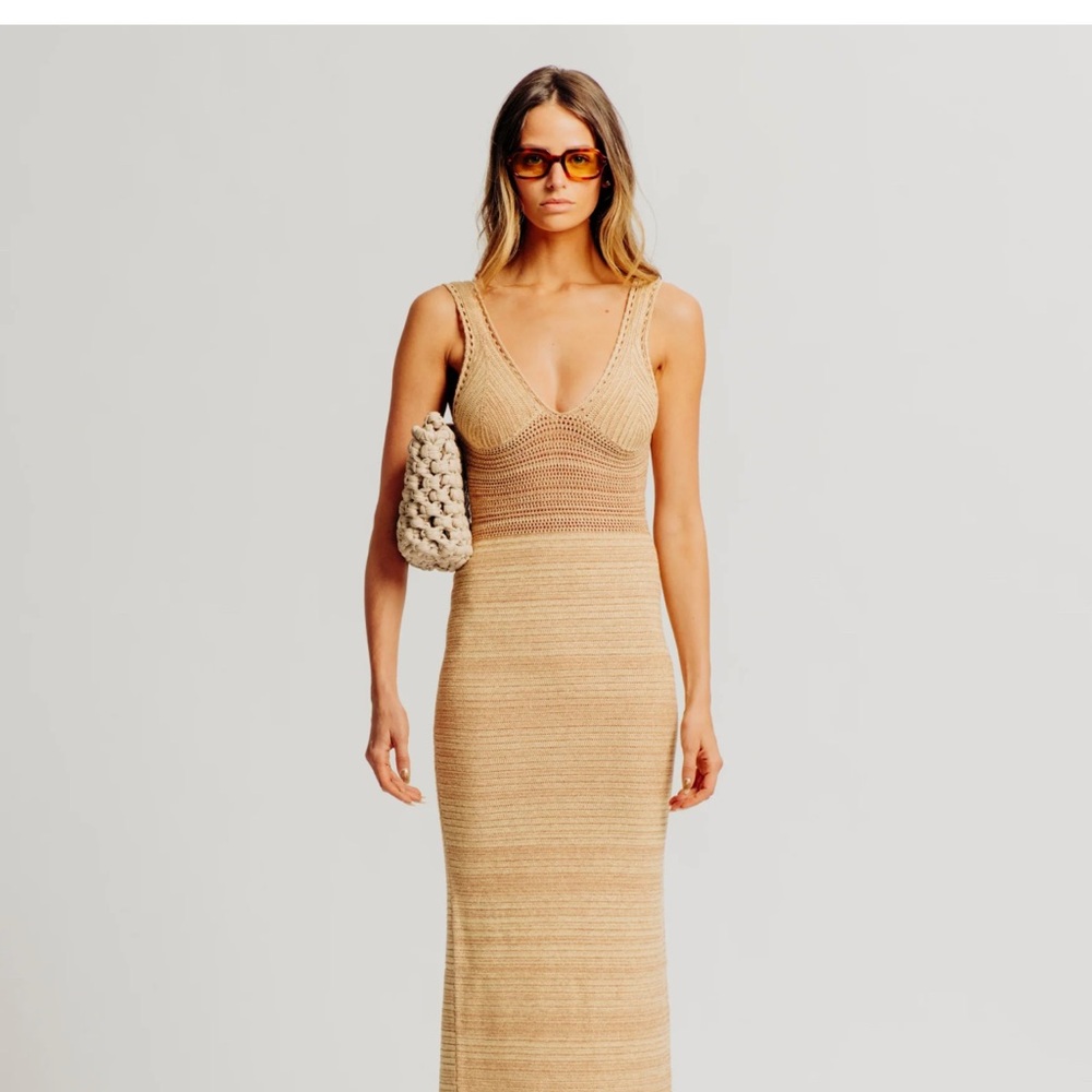 Torn by Ronny Kobo Tan Ribbed Bodycon Midi Dress
